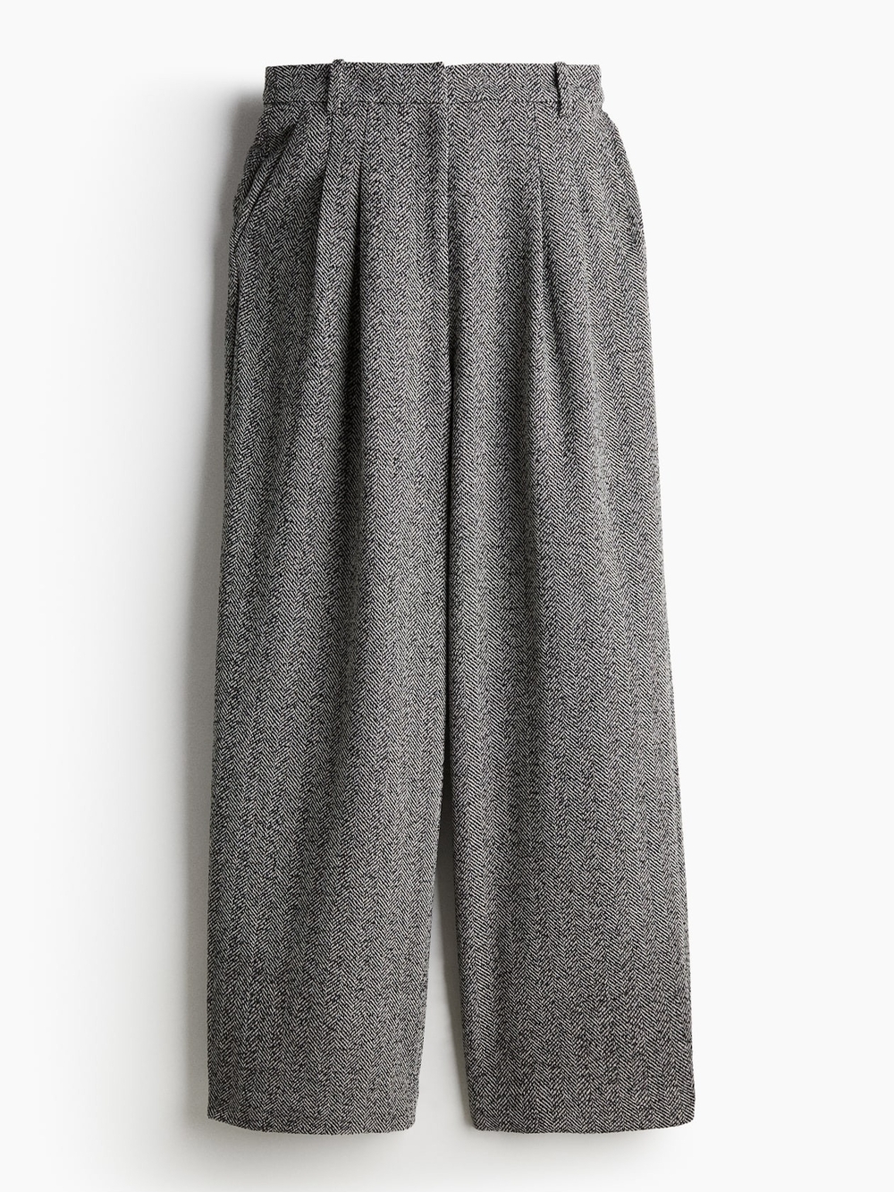 H&M Gray Herringbone Tweed Wide-Leg Pleated Pants